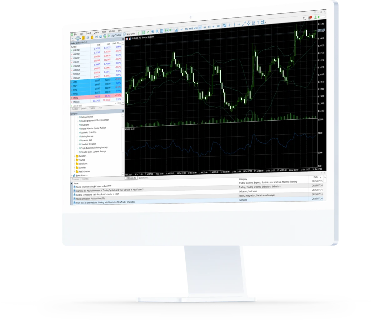 The MetaTrader 5 desktop terminal on an iMac, showing a EUR/USD candlestick chart with Bollinger Bands and an RSI indicator, next to the Market Watch price list and the indicator navigator.